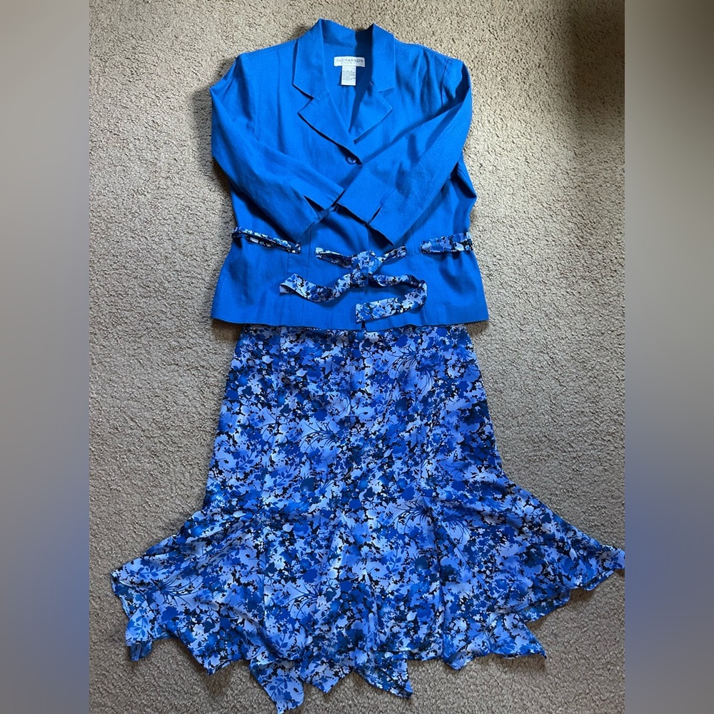 Women’s 2 Piece Set Top Skirt Size 12P Button Front Hi-Lo Belt Sungharbor
